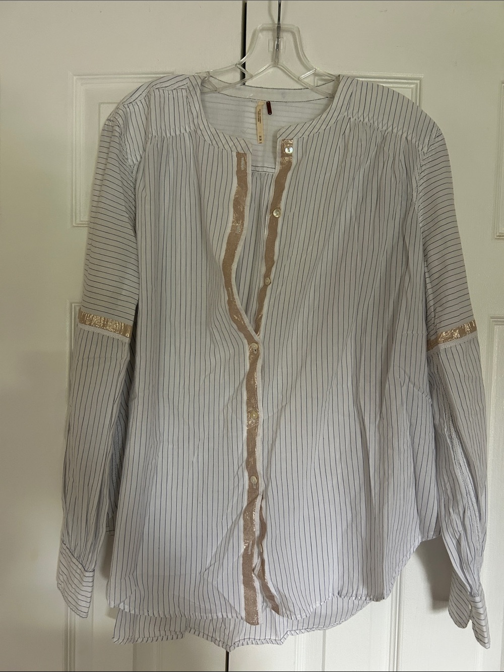 Free People White/Blue Pinstripe Blouse with Rose Gold Trim Accents